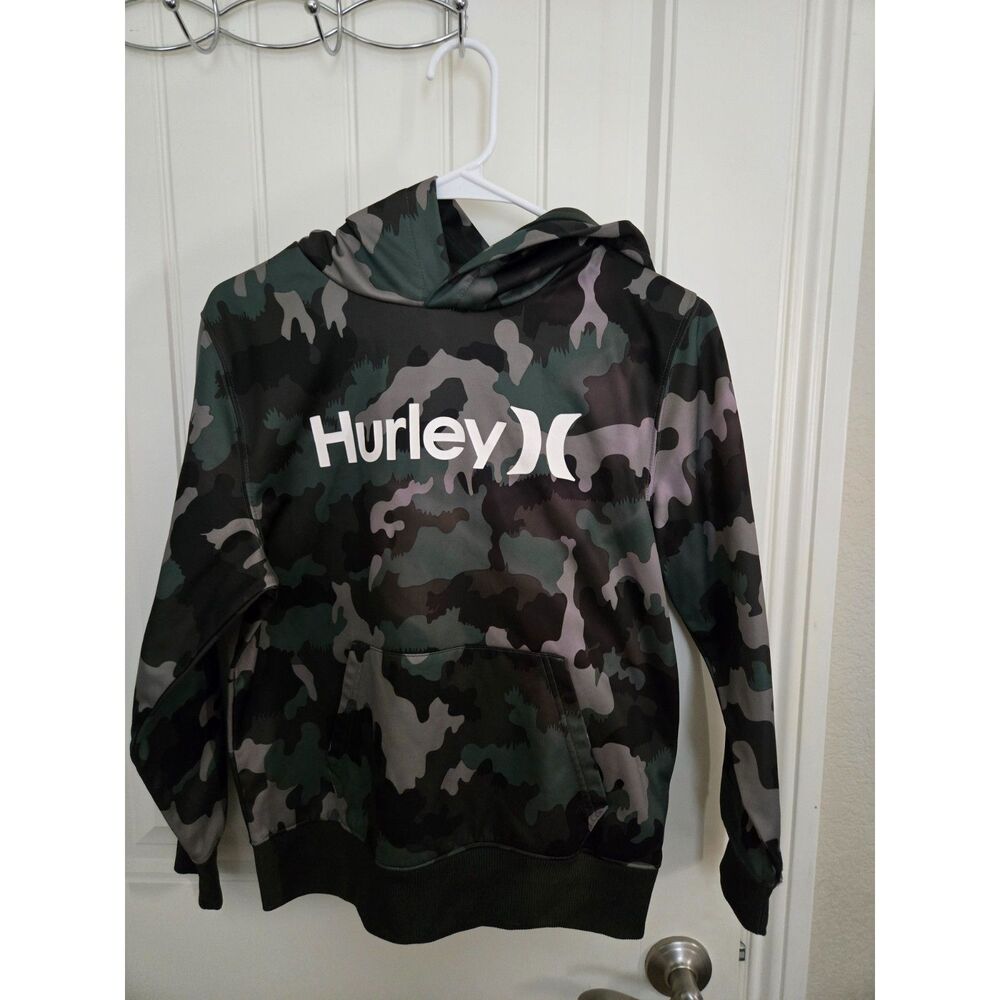 Hurley Boys Large 12-13 Camo Pullover Hoodie Green Black Fleece Logo Sweatshirt
